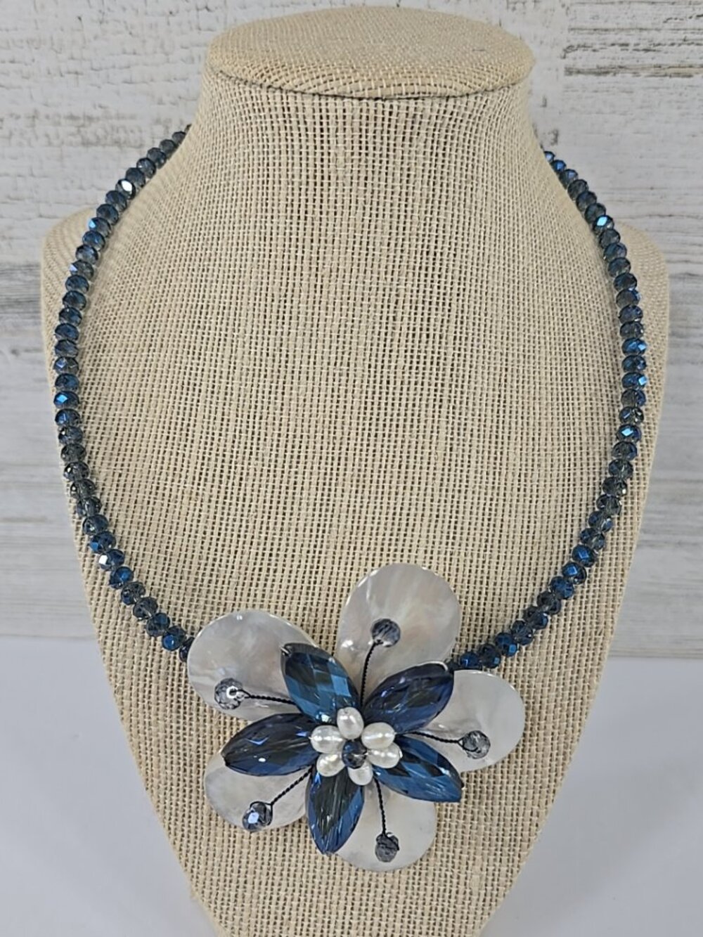 Blue Iridescent Flower Pendant Necklace Pearl Center Beaded Statement Jewelry...